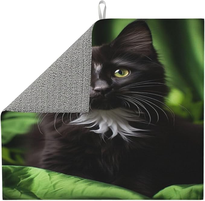 Black Cats And White Kitten Green Large Dish Mat 16X18 Microfiber Absorbent - Image 3