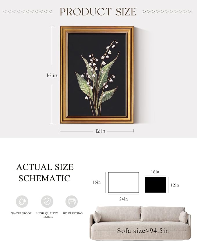 ARPEOTCY Gold Framed Canvas Wall Art, 12x16 Inch Vintage Botanical Floral Art - Image 5