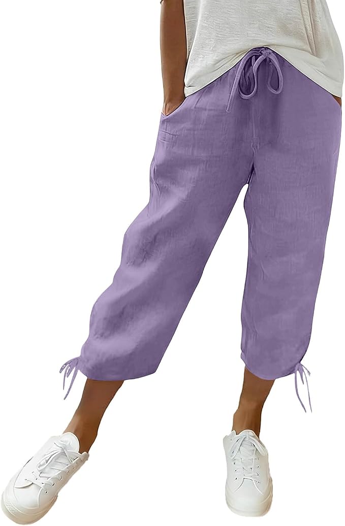 Linen Capri Pants for Women Drawstring Elastic Wide Leg Trouser 2026 Summer by Unknown