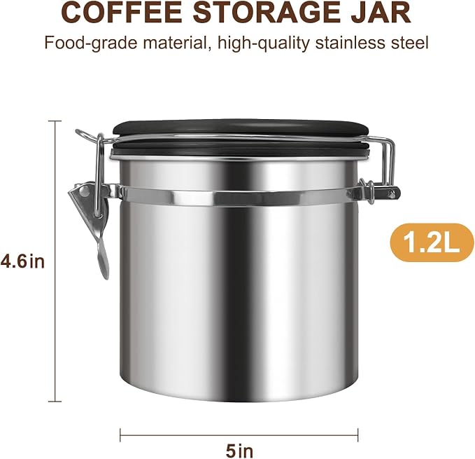 1.2L Airtight Vacuum Coffee Canister, Stainless Steel Storage Container - Image 2