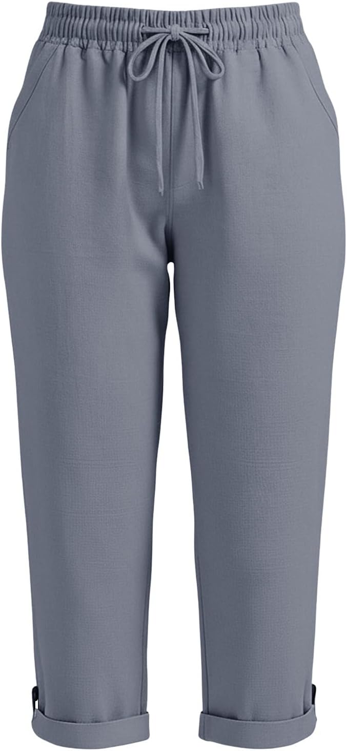 Drawstring Capri Linen Pants Women Elastic Waist Straight Leg Pant Summer Beach - Image 6
