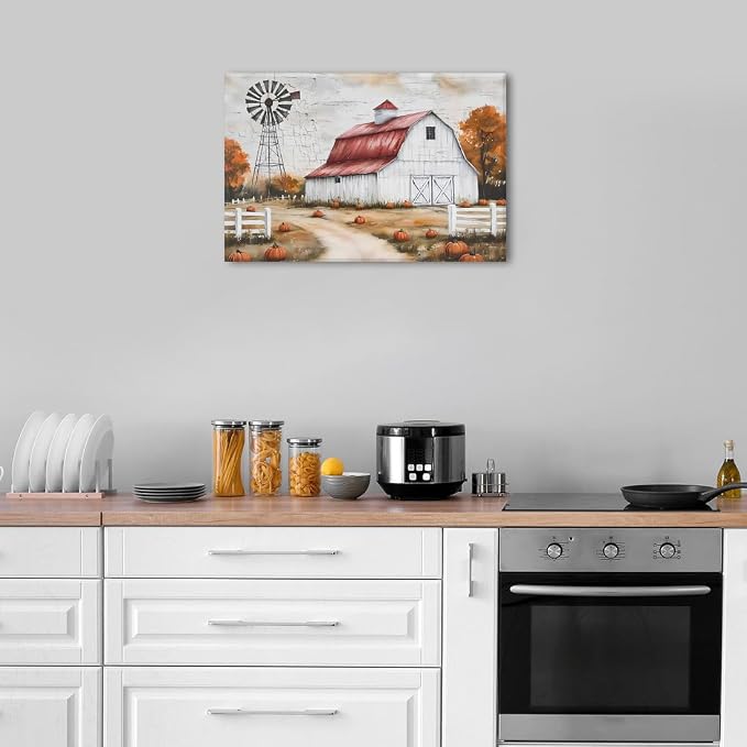 Country Autumn Landscape Canvas Wall Art Farmhouse Barn Windmill Pictures Wall - Image 5