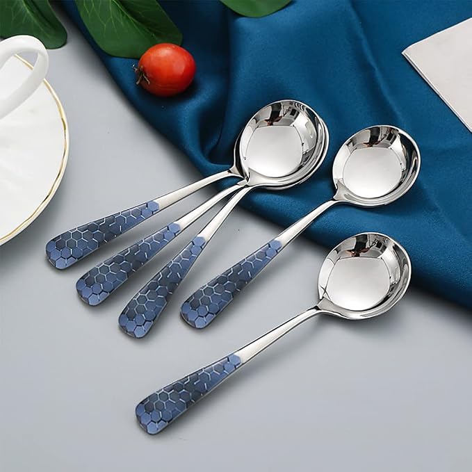 Stainless Steel Coffee Round Spoon, Korean Dessert Spoons, Hexagonal Pattern - Image 4