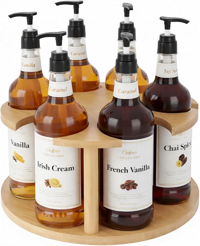Rotating Coffee Syrup Organizer, 6 Bottles Wood Syrup Holder, Syrups Bottle by Unknown