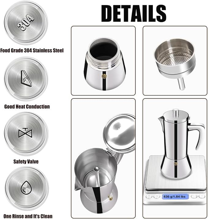 6 Cup Thickened 304 Stainless Steel Moka Pot Stovetop Espresso Maker Cafeteras - Image 7