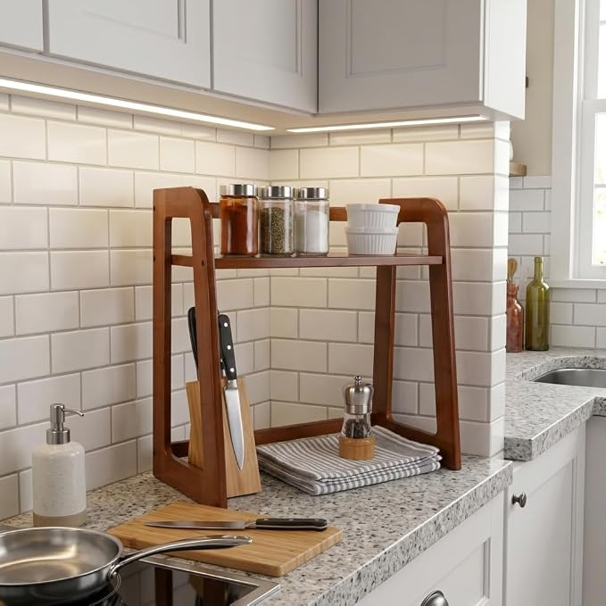 Natural Bamboo Coffee Station Organizer, 2-Tier Wooden Kitchen Counter Shelf - Image 5