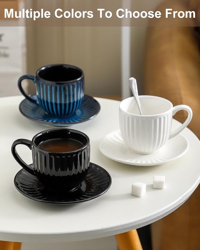 Hasense Ceramic Cappuccino Cups and Saucers Set of 4, Ribbed 6 Oz Demitasse Tea - Image 5