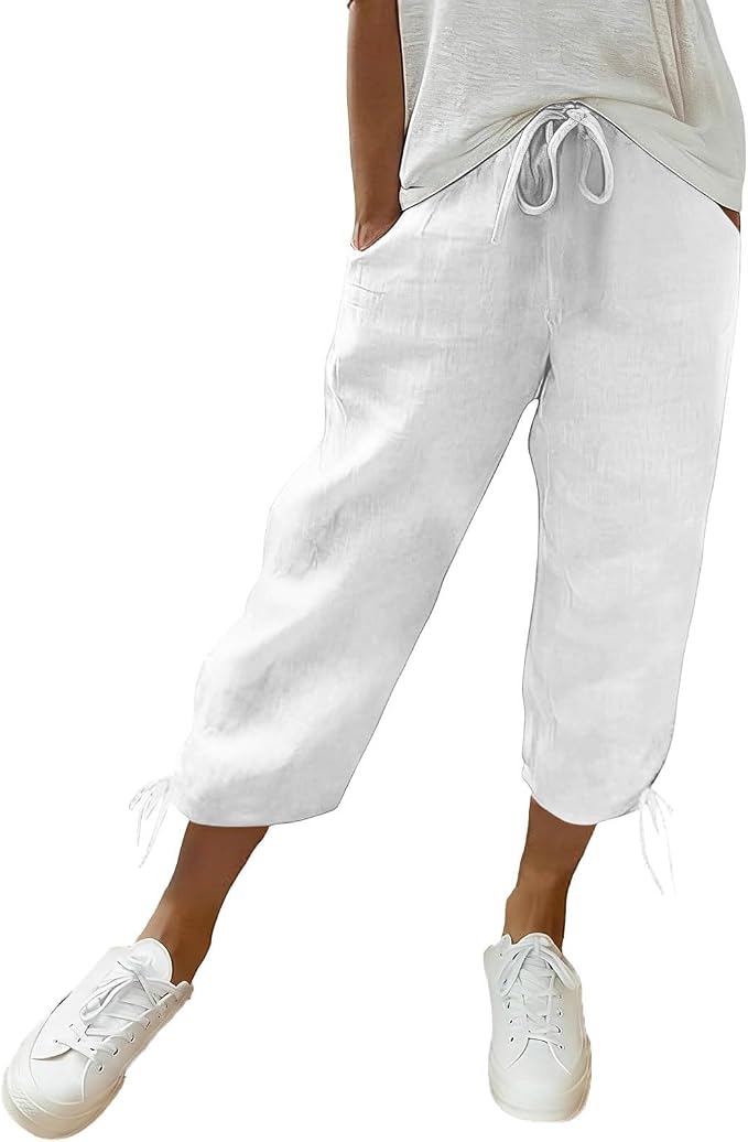 Linen Capri Pants for Women Drawstring Elastic Wide Leg Trouser 2026 Summer by Unknown
