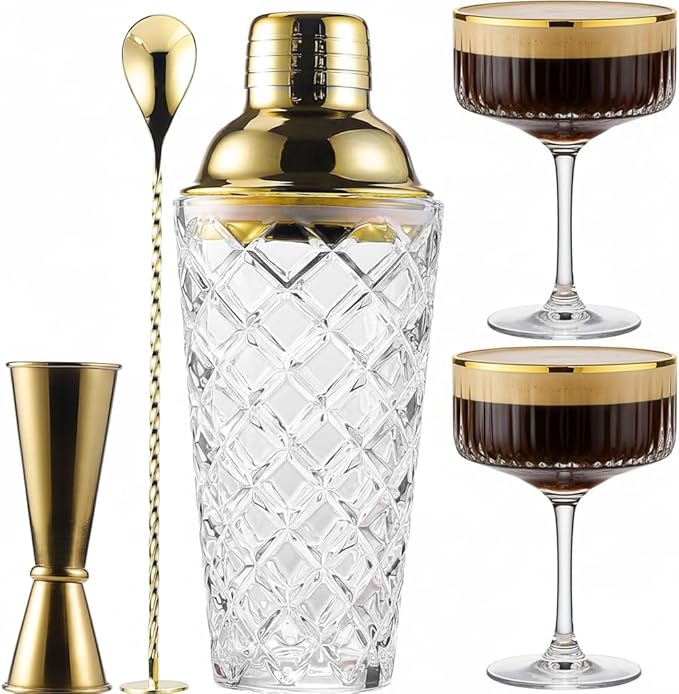 Cocktail Shaker Set with Coupe Glasses – 5-Piece Gift Set Includes Pineapple by Physkoa