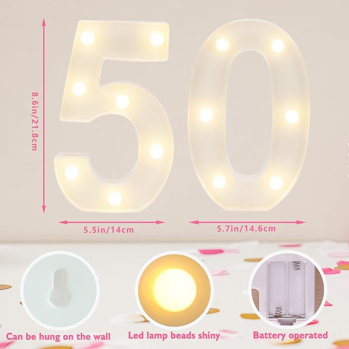Light Up 50 Number Lights, Warm White Decorative LED Light Up Numbers, Battery - Image 2