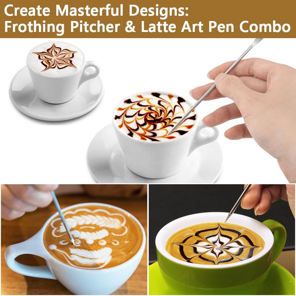 Frothing Milk Pitcher, 12 oz/350 ml Stainless Steel Frothing Milk Jug with Latte Art Pen,with Internal Measurements, for Cappuccino, Espresso and More（white）