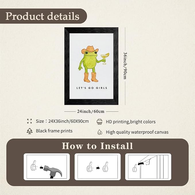 Black Framed Funny Western Cowboy Frog Wall Art 24x36 inch Rustic Farmhouse - Image 2