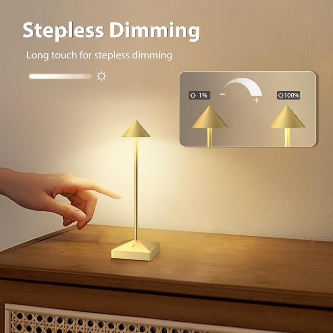3 Pack 8.26in Gold Small Cordless Table Lamps Rechargeable, Battery Operated - Image 6
