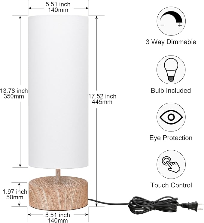 Touch Table Lamp with Metal Base Covered with Wood Grain, 3 Way Dimmable - Image 2