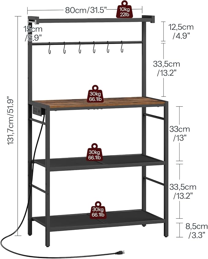 MAHANCRIS Bakers Rack with Power Outlet, Kitchen Storage Shelf with 6 Hooks - Image 3