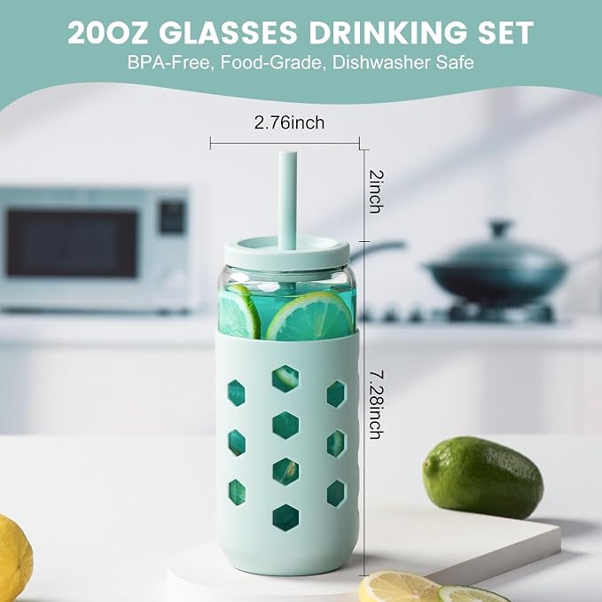 Mrsdry Glass Cups with Lids and Straws, 20oz Drinking Glasses Set with Silicone - Image 2