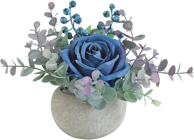 Small Artificial Blue Rose Potted Plant, Mini Faux Floral Arrangement by RosscerArtificialFlowers