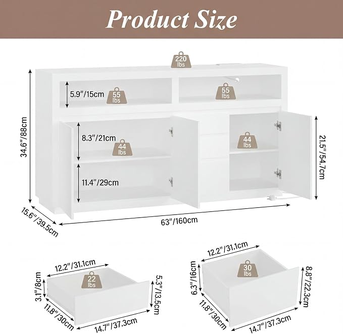 FOTOSOK 63" Sideboard Buffet Cabinet - Image 2