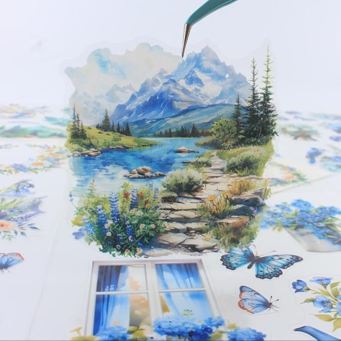30 Sheets Precut Blue Flower Garden Landscape Stickers Book - Image 8