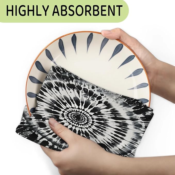 Black Tie Dye Kitchen Towels Set of 2 Absorbent Drying Dish Towels, Tea Towels - Image 3