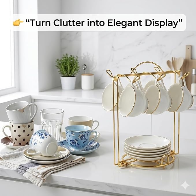 HOHIYA Gold Tea Cup and Saucer Stand 2 Pack Metal Teacup Holder Rack - Image 4