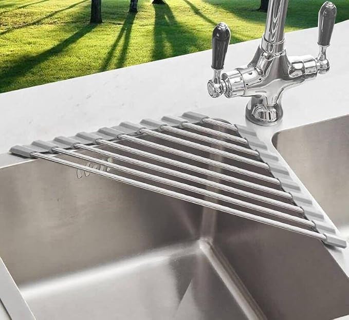 Triangle Dish Drying Rack for Sink Corner Roll Up Folding Stainless Steel - Image 5