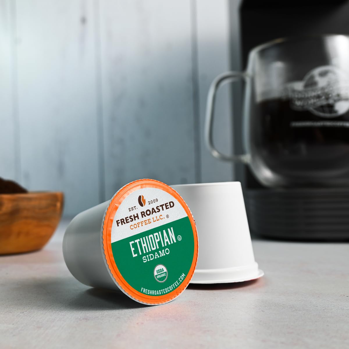 Fresh Roasted Coffee, Organic Ethiopian Sidamo | Fair Trade, USDA Organic, 100% Single Origin, Kosher | Light Roast 72 Pods for K Cup Brewers