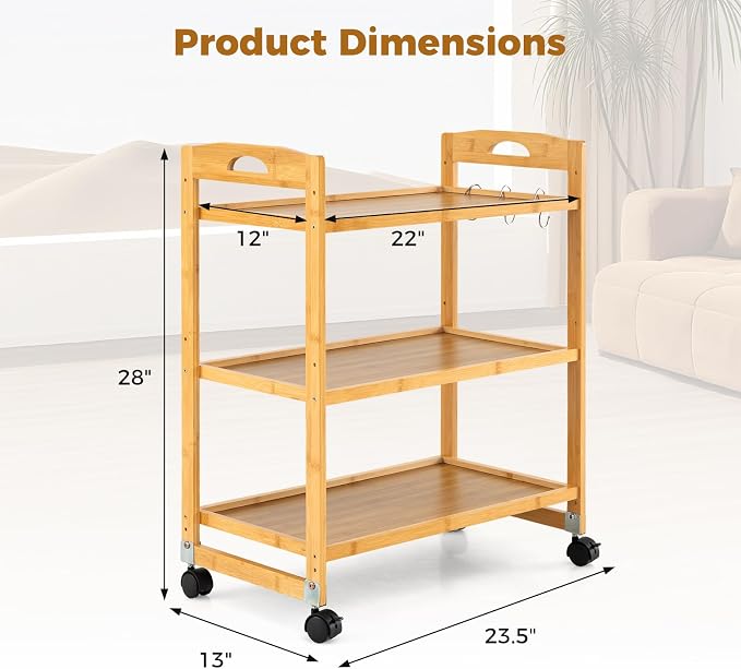 Giantex 3-Tier Rolling Storage Cart, Bamboo Utility Cart w/ 3 Side Hooks & - Image 9