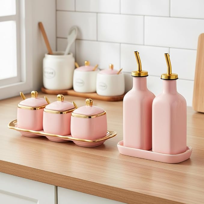 Pink Sugar Bowl with Lid and Spoon, Ceramic Condiment Jars Spice Container with - Image 5