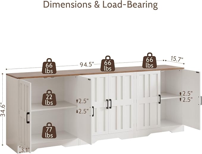 Sideboard Buffet Cabinet, Modern Farmhouse Kitchen Storage Cabinet, 94.5" - Image 2