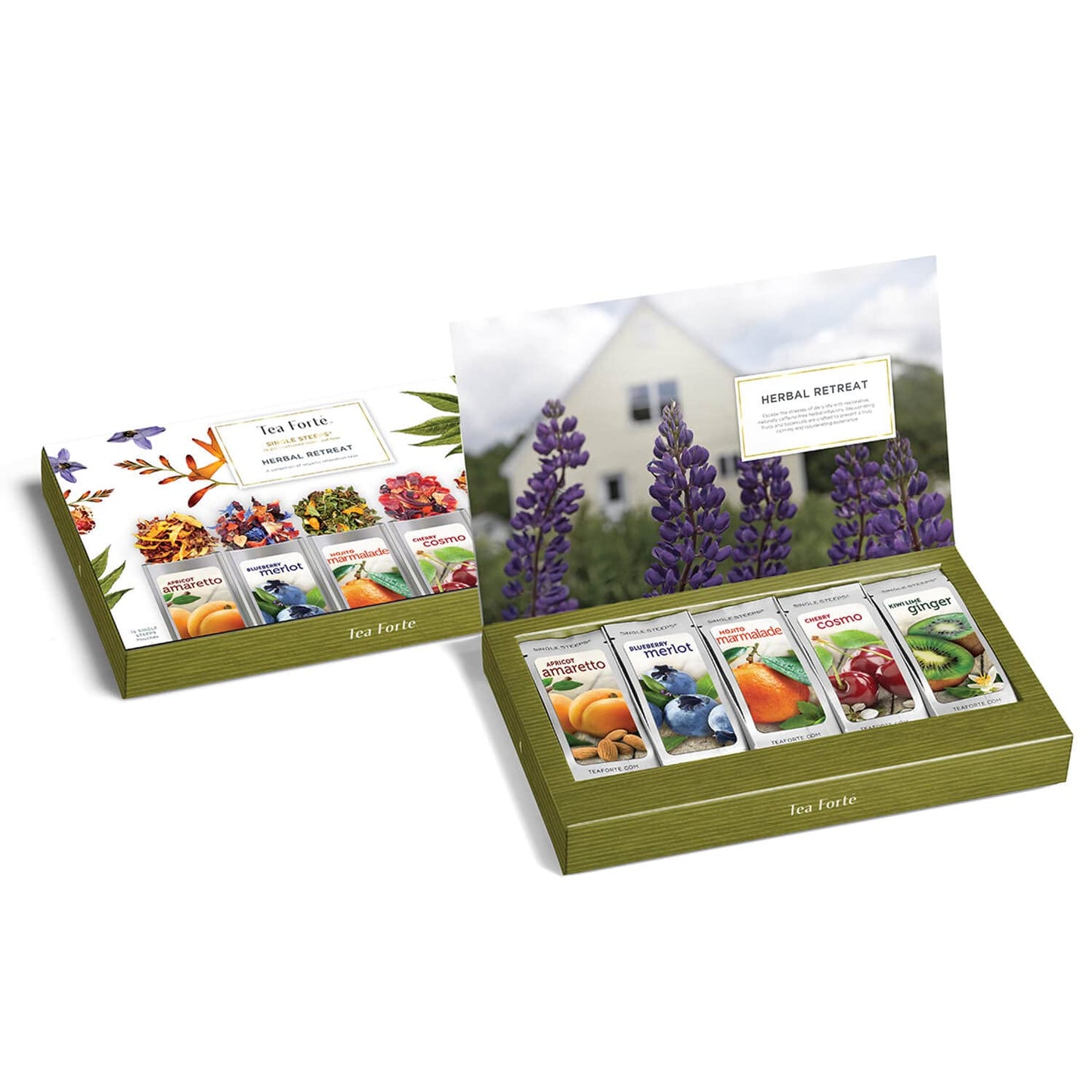 Tea Forte Single Steeps Loose Leaf Herbal Retreat Premium Tea Sampler 15 Count 3 of Each Assorted Blends, Pre-Portioned Single Serve Pouches, Steeps 12 oz