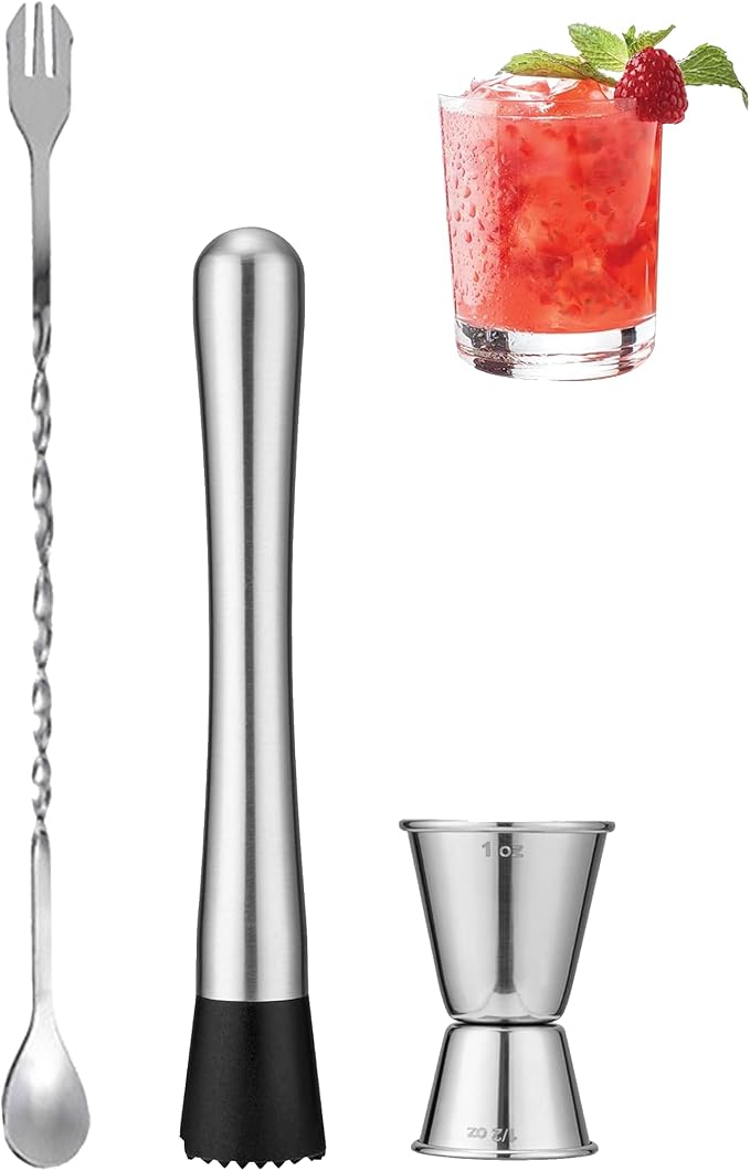 Professional Bar Tools Set, 8-inch Stainless Steel Muddler, 10-inch Mixing Spoon by Goldelith