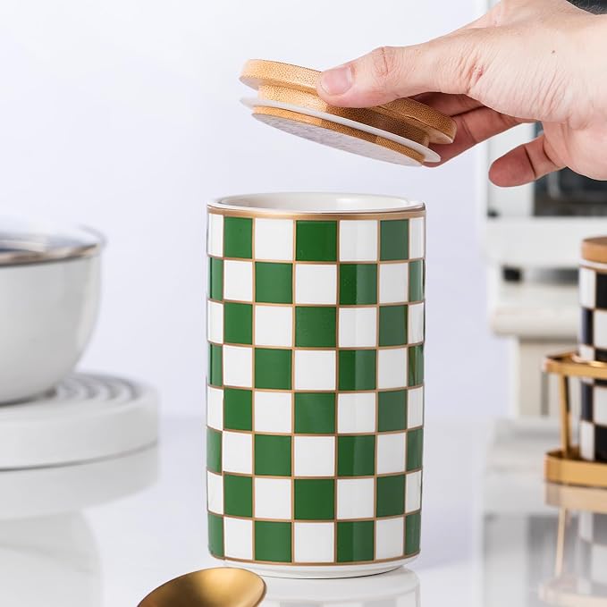 Kitchen Countertop Ceramic Checkered Canisters, Airtight Kitchen Canisters by XYQXYQ