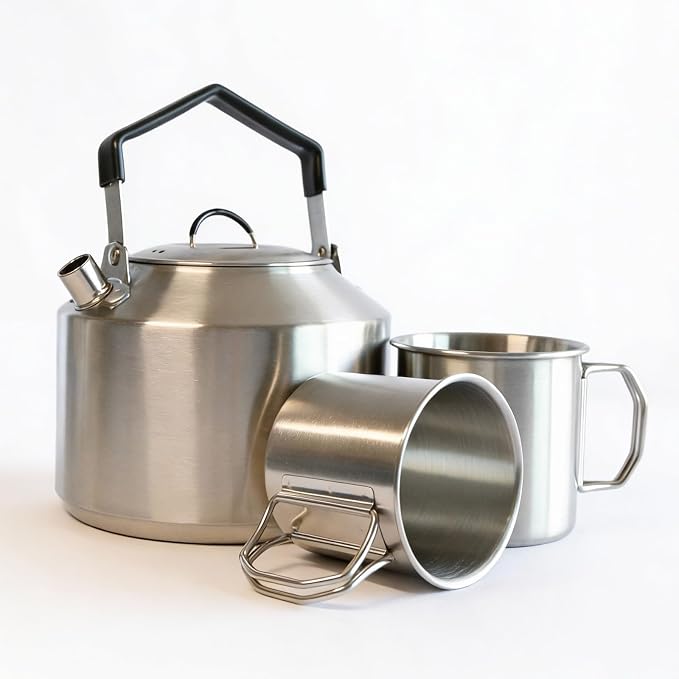 Camping Kettle & 2 Cups, Stainless Steel Camp Kettle – Lightweight Tea Pot by Unknown