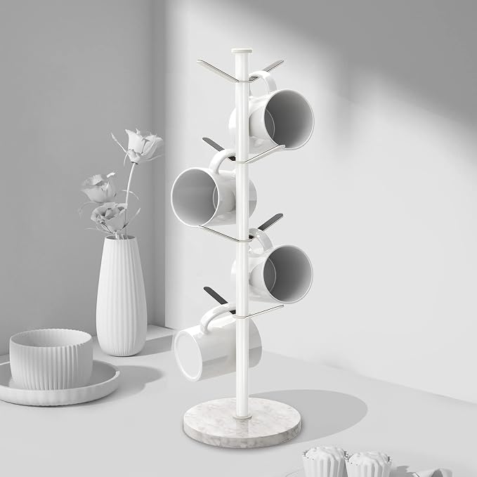Gypie Mug Holder Tree with Marble Base, 8 Hooks White Coffee Cups Holder Stand - Image 7