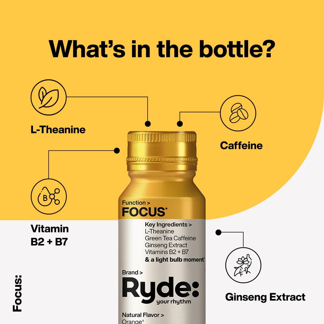 RYDE: Discovery Pack | Energize, Focus & Relax Shots | Green Tea Caffeine, Taurine, Ginseng, B Vitamins, L-Theanine, Lemon Balm, Chamomile | 0 Calories, 0 Sugar | Variety Pack – Try Them All (6 Pack)