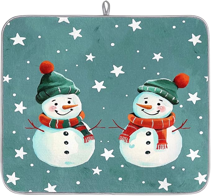 Cute Cartoon Snowman Green Dish Drying Mat, Kitchen Counter Quick Dry Pads by Unknown