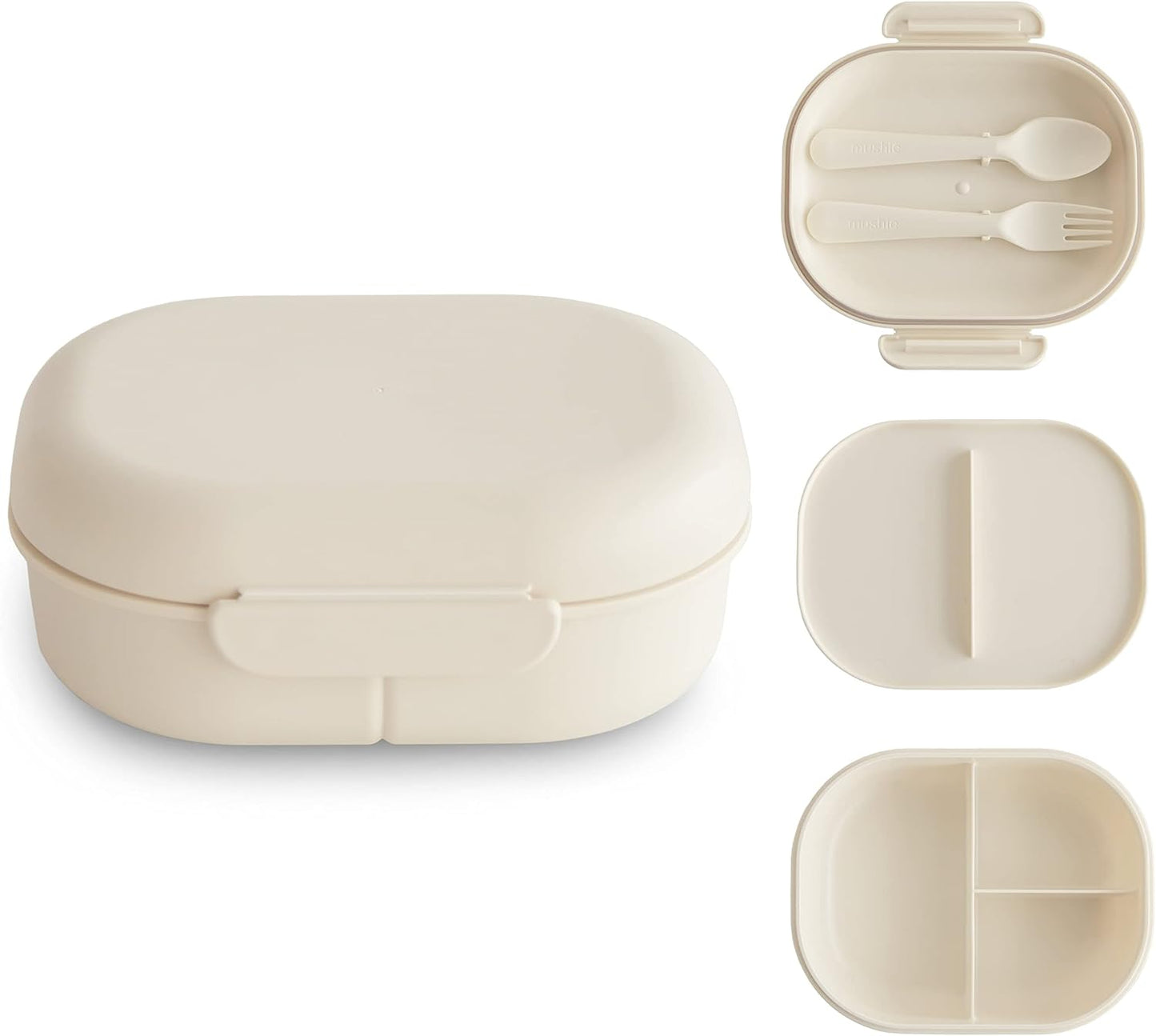 mushie Kids Bento Lunch Box | 3-Compartment & Removable Divider + Fork & Spoon Utensils | Great For Meals, School, Snacks On-the-Go | Dishwasher Safe (Ivory)