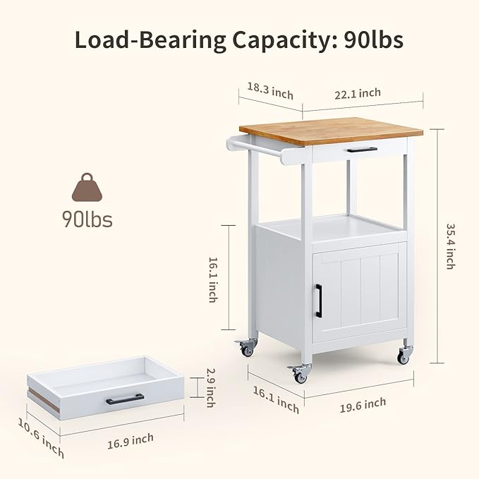 Qsun Kitchen Cart with Drawer, Small Kitchen Island on Wheels, Microwave Cart - Image 2