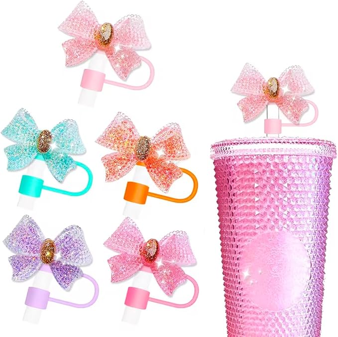 5 Pack 10mm Cute Glitter Bling Bows Straw Toppers, Fits Stanley and Simple by ThirstTrapDrinkware