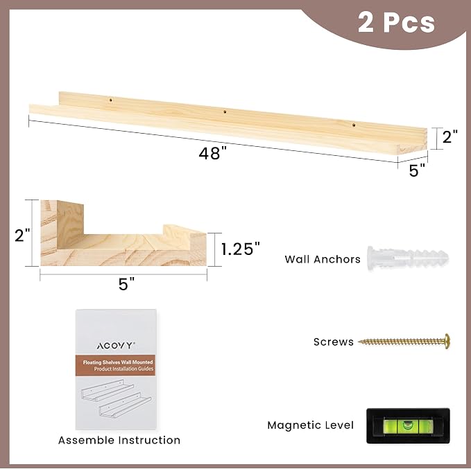 Long Floating Shelves for Wall, 48 inch Solid Wood Picture Ledge Shelf - Image 3