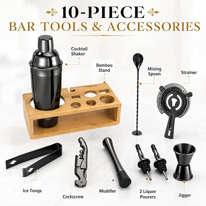 Black Cocktail Shaker Set, Premium 18/8 Stainless Steel Mixology Bartender Kit - Image 2