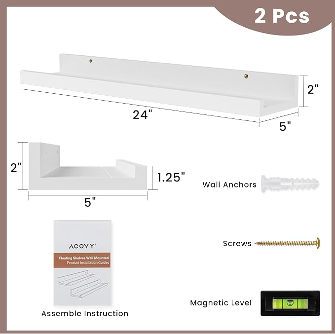 Acovy Floating Shelves for Wall, 24 inch Solid Wood Picture Ledge Shelf - Image 3