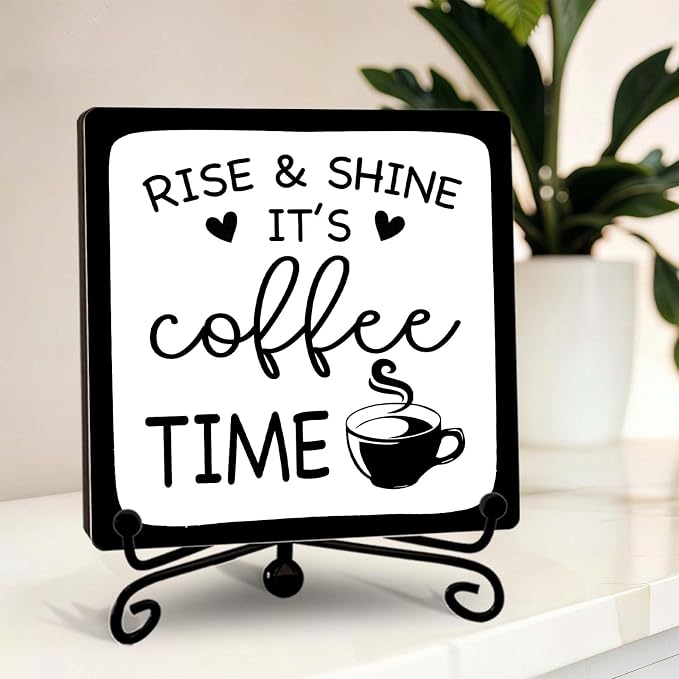 Minimalism Coffee Bar Decor, Rise & Shine It's Coffee Time Wood Plaque by YQV