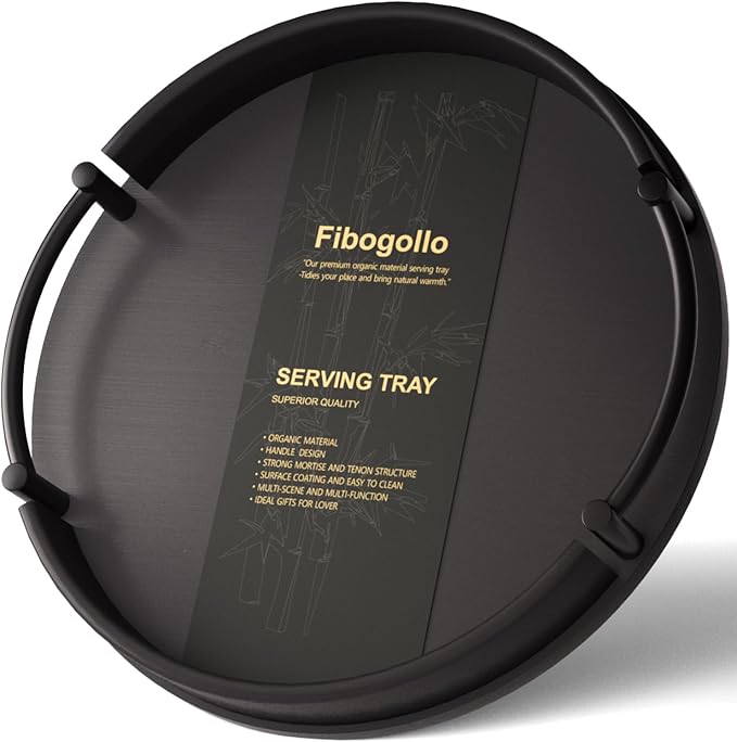 Fibogollo Bamboo Tray with Metal Handle, 11.81inches; Ottoman-Style Round by Fibogollo