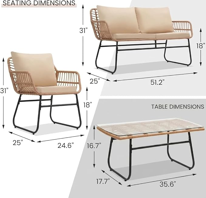 KROFEM 4-Piece Outdoor Patio Furniture Set, Modern Wicker Rattan Conversation - Image 2