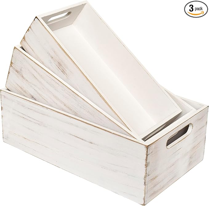 Set of 3 White Wooden Boxes for Storage Small Crates for Display and Organizing by MACVAD