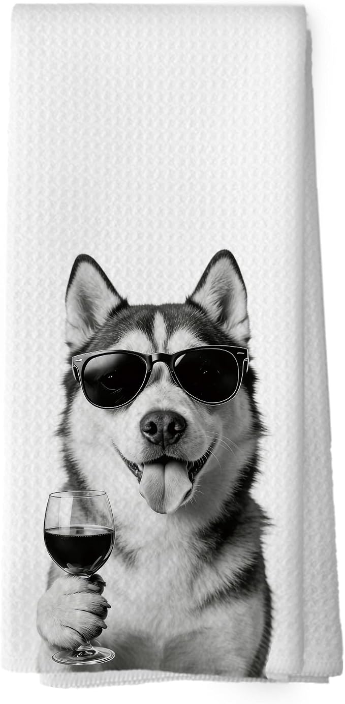 Funny Siberian Husky Wine Bar Kitchen Dish Towels, Siberian Husky Gifts by XPH