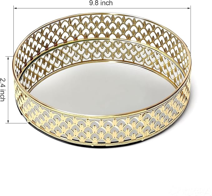 10 Inch Glass and Gold Round Tray Set of 2，Dinner Plate Perfume and Vanity Tray - Image 2