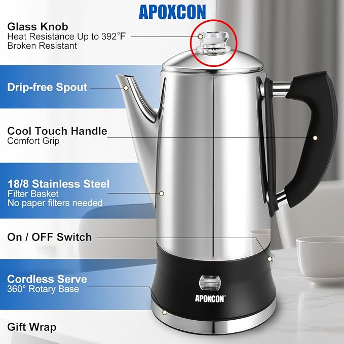 APOXCON Electric Coffee Percolator Stainless Steel Coffee Maker - Image 4